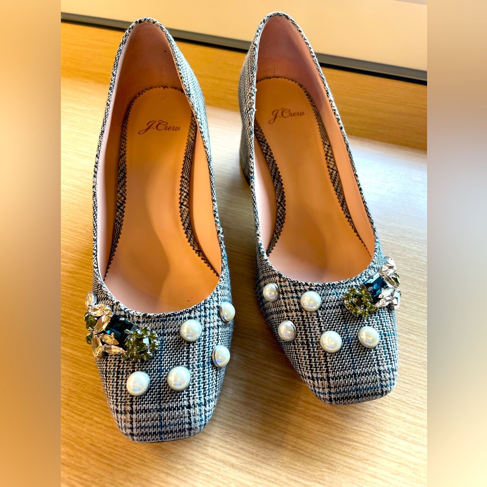 J Crew Tartan Jeweled Heels